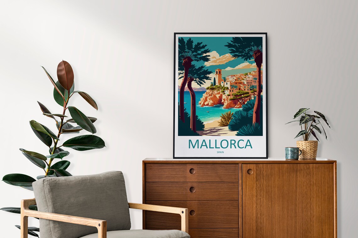 Sunny Mallorca Cliffside Village and Turquoise Cove Spain Poster - Image 2