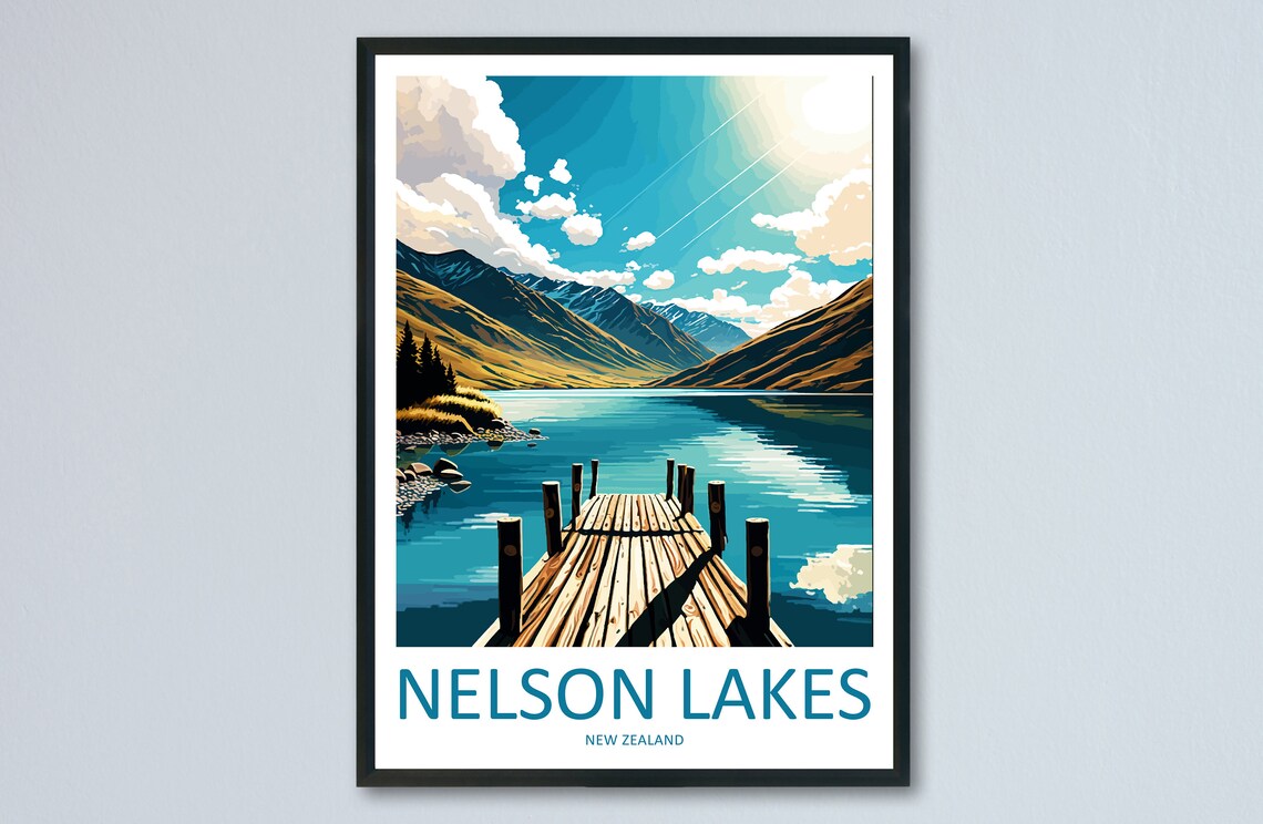Nelson Lakes Travel Poster, New Zealand Landscape