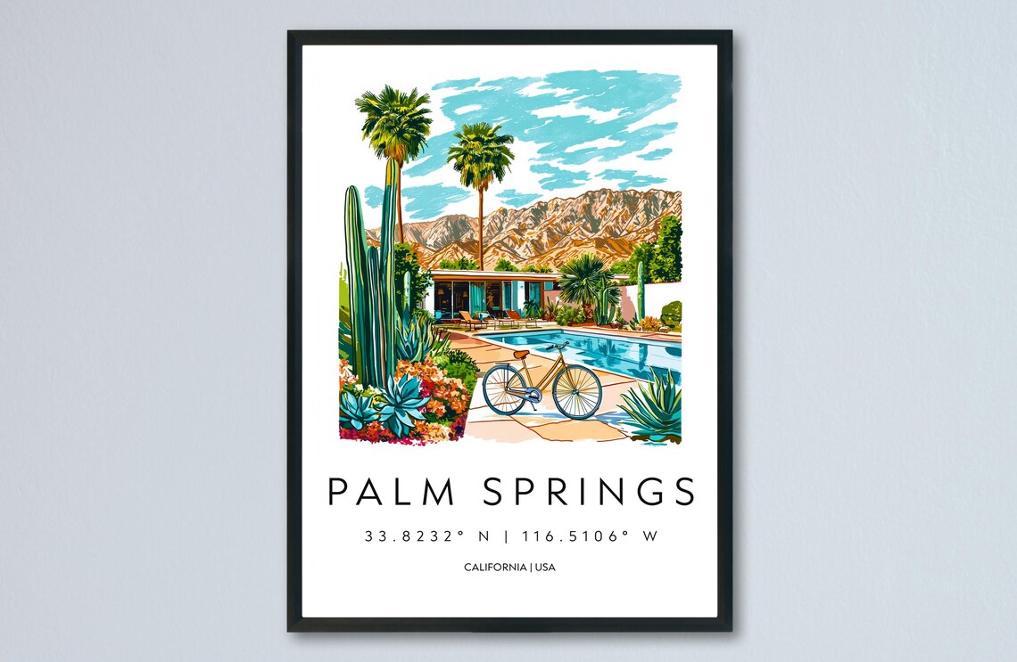 Palm Springs Midcentury Villa Poolside Watercolor Travel Poster