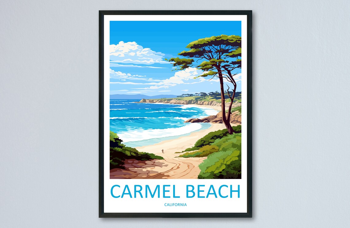 Carmel Beach California Ocean Waves Cypress Tree Vintage Travel Poster