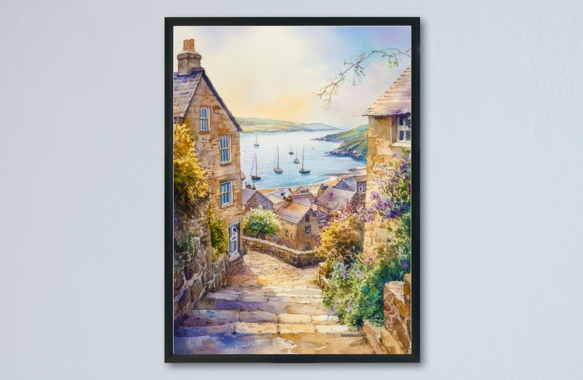 Mousehole Steep Stone Steps Sailboat Harbor Watercolor Poster