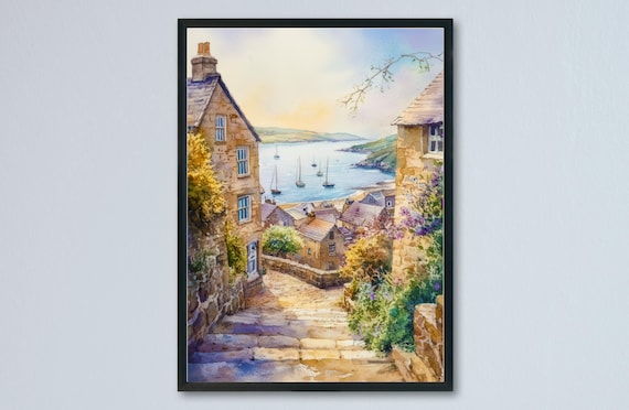 Mousehole Steep Stone Steps Sailboat Harbor Watercolor Poster