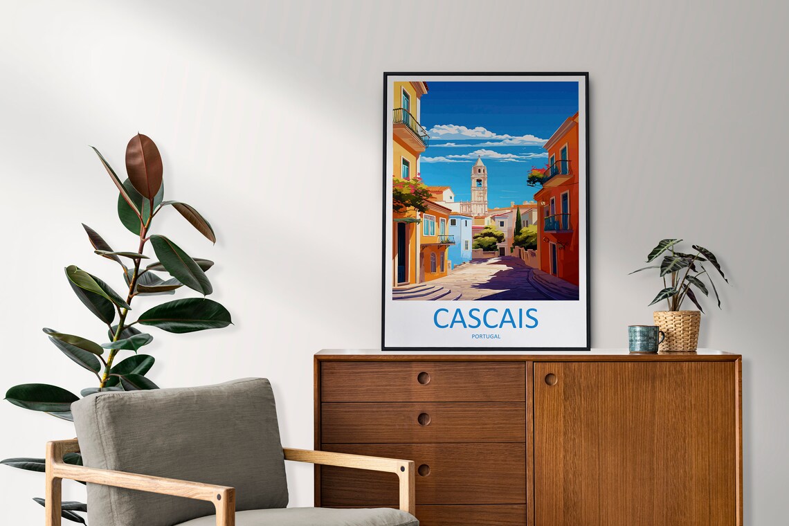 Cascais Portugal Old Town Street Balconies Church Travel Poster Art - Image 2