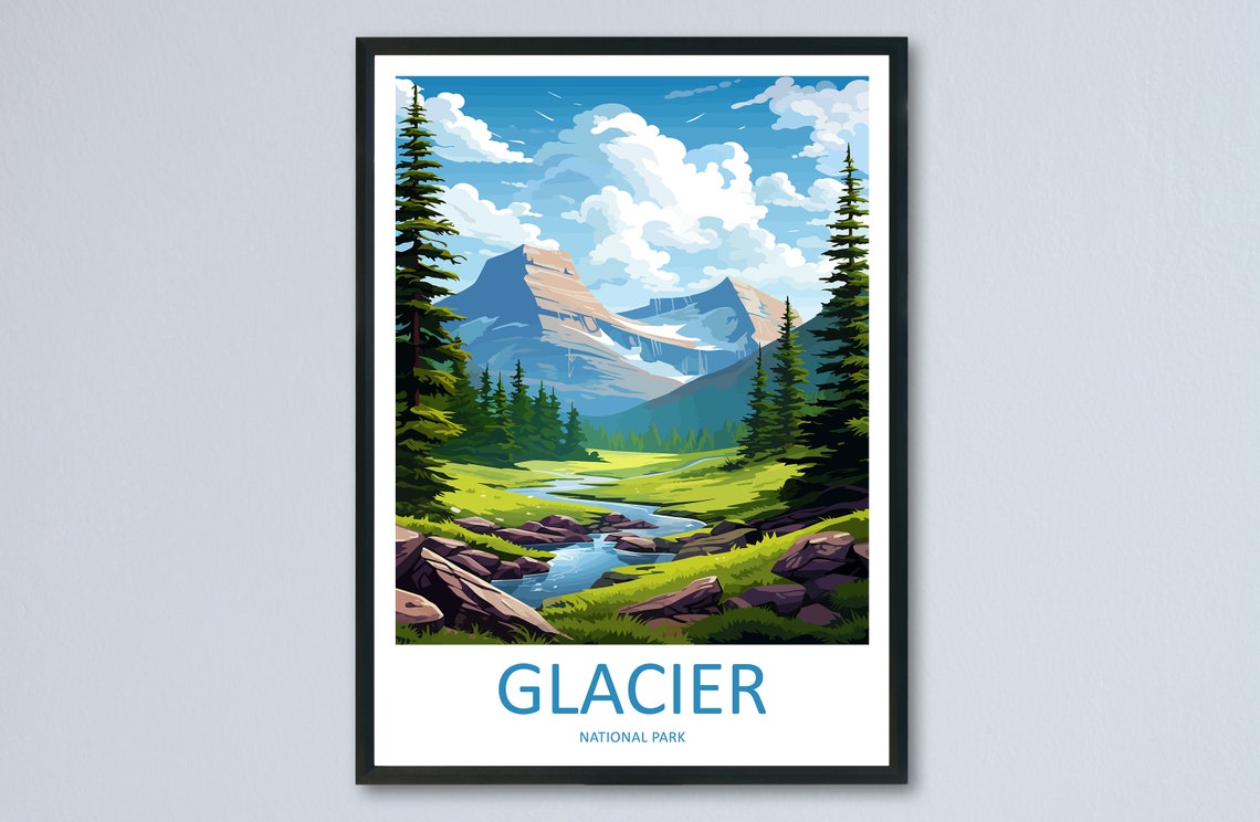 Glacier National Park Mountain Stream Evergreen Valley Poster