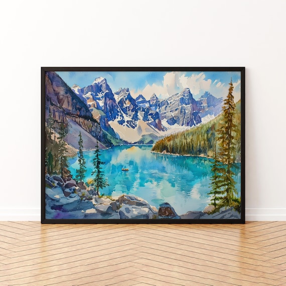 Banff Turquoise Mountain Lake and Snow Peaks Watercolor Canoe Poster