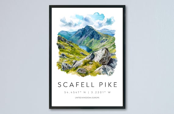 Scafell Pike England Watercolor Mountain Travel Poster With Coordinates