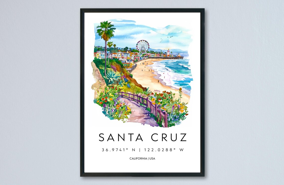 Santa Cruz California Beach Boardwalk Watercolor Travel Poster
