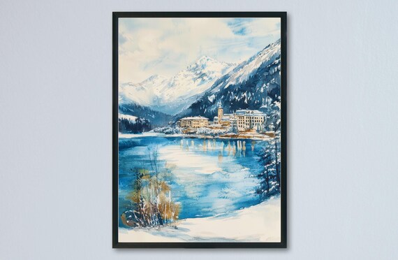 St Moritz Winter Lake Grand Hotel Snowy Watercolor Travel Poster