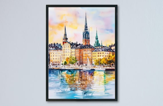 Stockholm Sweden Old Town Skyline Watercolor Sunset Scene Poster
