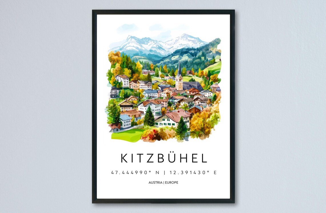 Kitzbuhel Austria Autumn Town Watercolor Alpine Village Poster