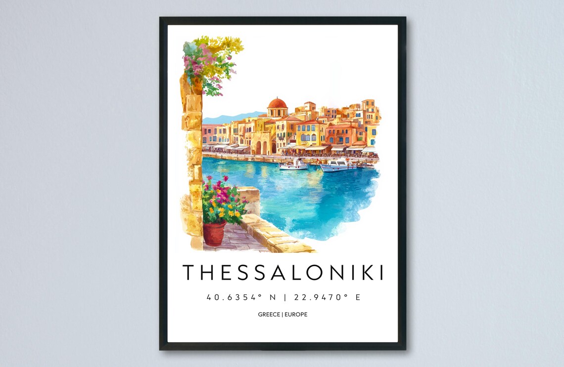 Thessaloniki Greece Harbor Watercolor Travel Coordinates Poster