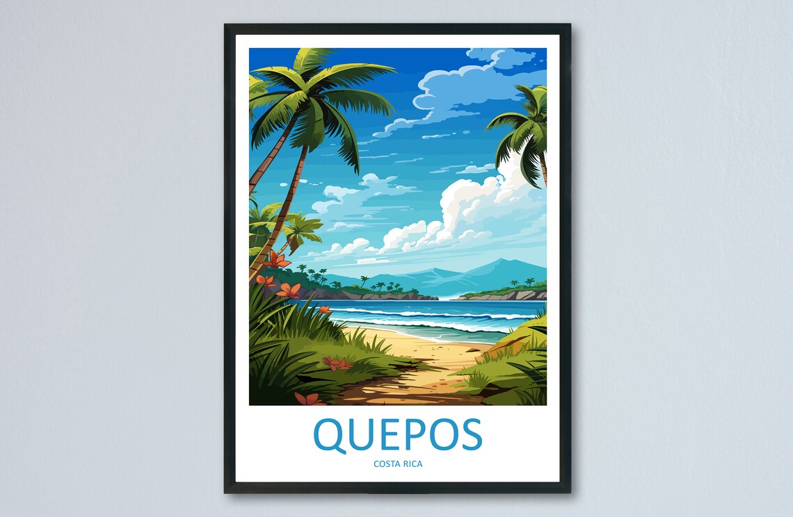 Quepos Costa Rica Tropical Beach Palms Sunset Vintage Travel Poster