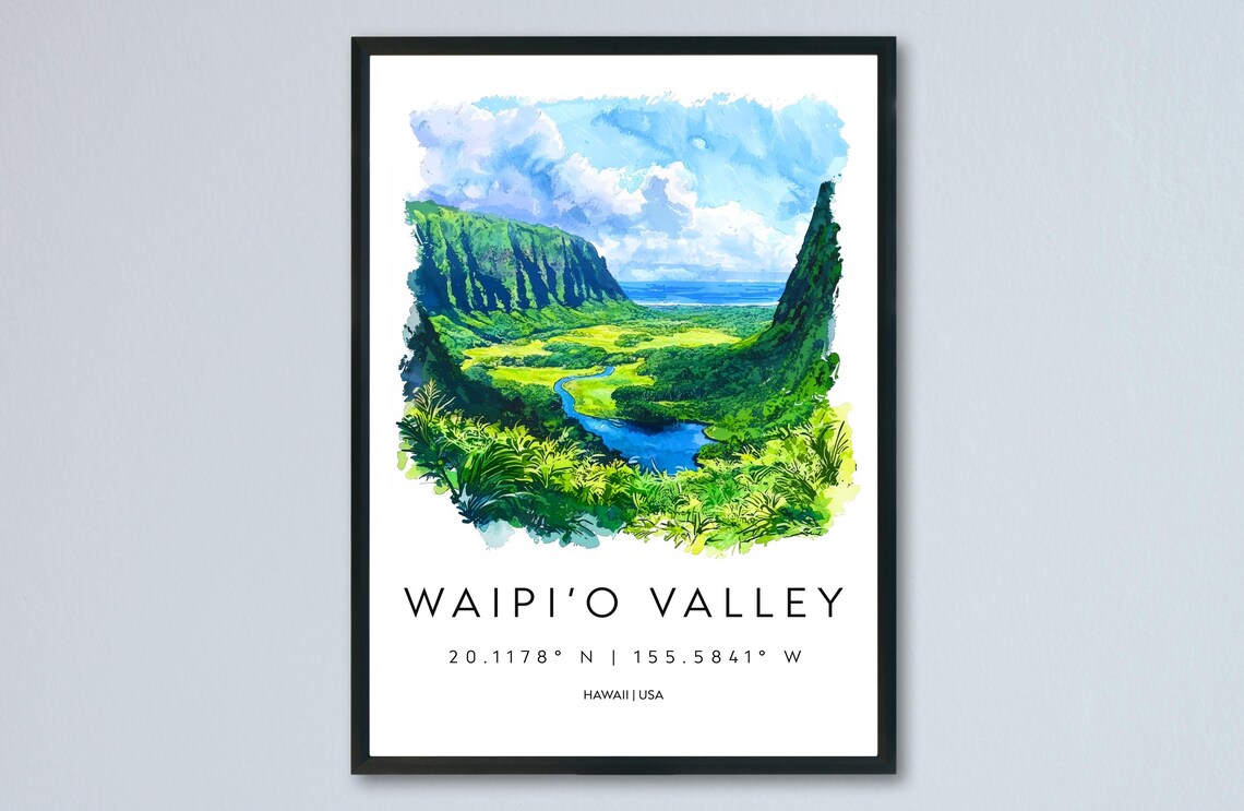 Waipio Valley Green Cliffs Hawaii Scenic Watercolor Travel Poster