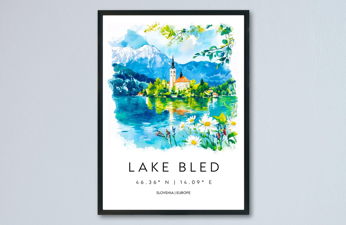 Lake Bled Island Church Slovenia Alps Watercolor Travel Poster