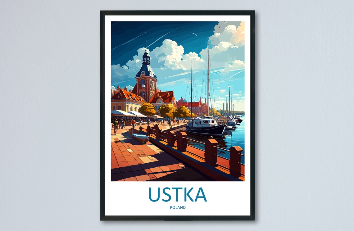 Ustka Poland Sunny Harbor Promenade Sailboats Retro Travel Poster