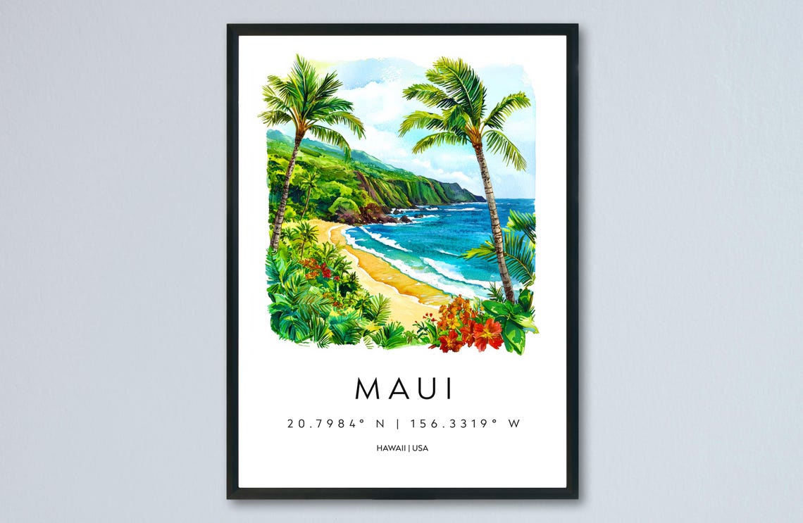 Maui Tropical Beach Watercolor Poster With Coordinates Travel Gift