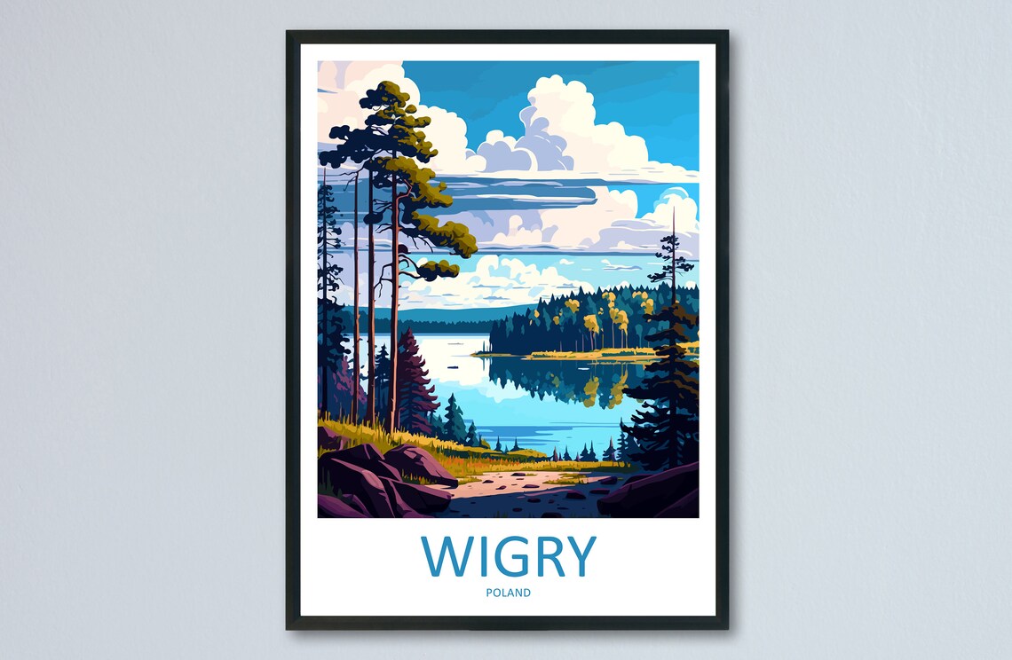 Wigry Poland Pine Framed Lake Calm Waters Retro Travel Poster