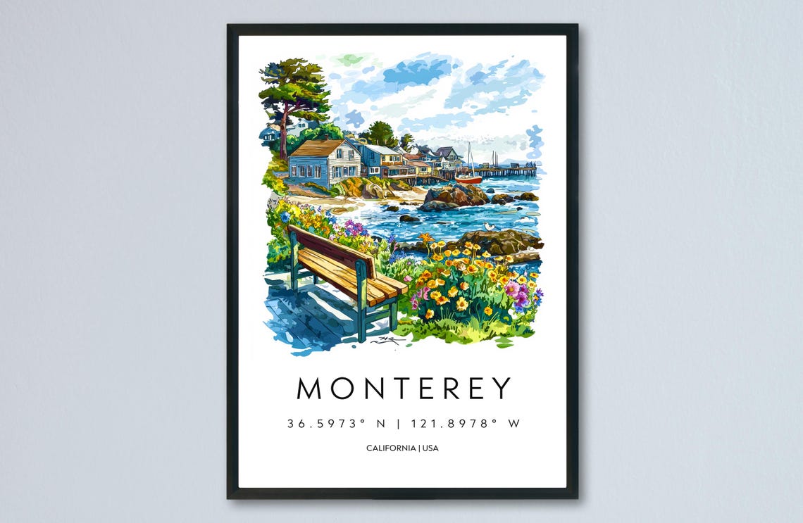 Monterey California Bay Bench Floral Watercolor Coast Art Poster