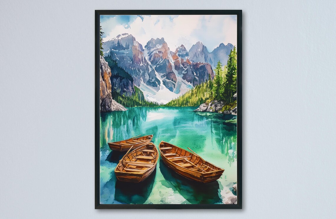 Alpine Lake Wooden Canoes Mountain Watercolor Landscape Poster