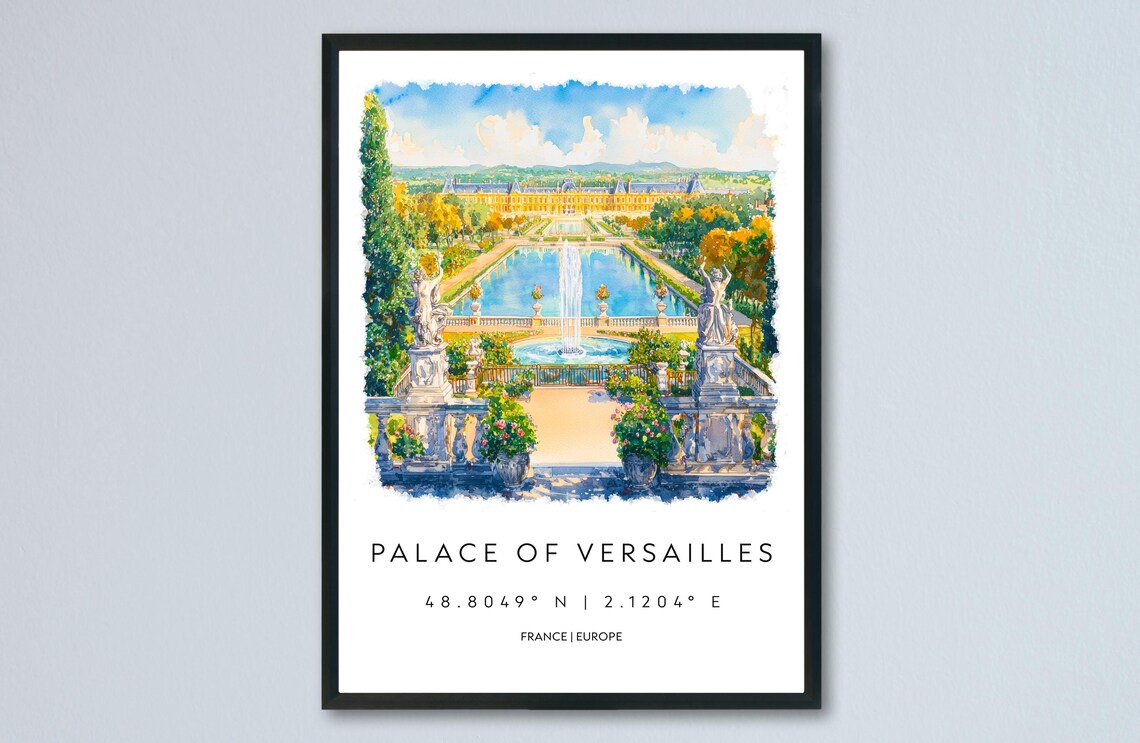 Palace of Versailles France Watercolor Travel Poster Grand Gardens