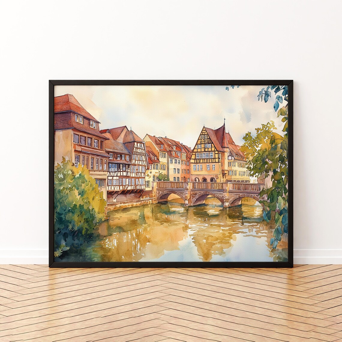 Nuremberg Old Town Watercolor Poster Half Timbered Houses Along The River
