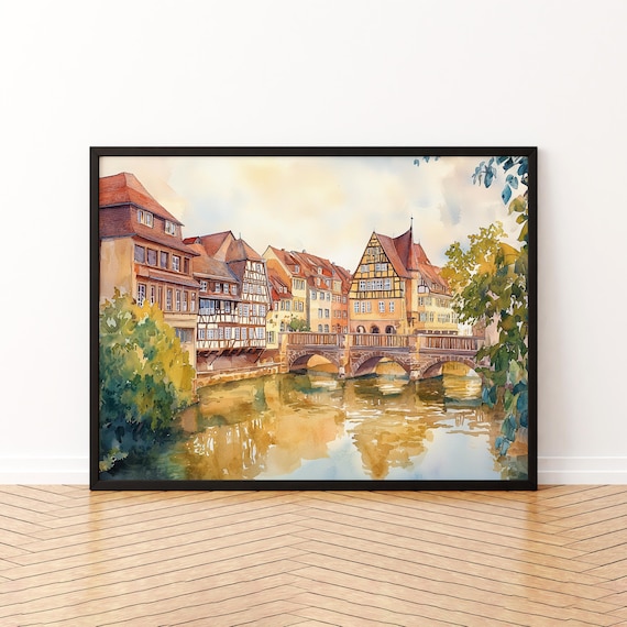 Nuremberg Old Town Watercolor Poster Half Timbered Houses Along The River