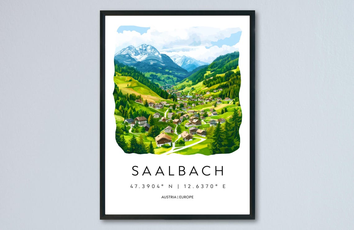 Saalbach Valley Village Watercolor Austrian Alpine Summer Poster