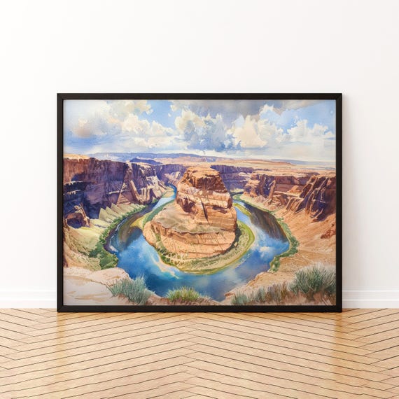 Horseshoe Bend Watercolor Poster Landscape Wall Art Hanging Home Dcor Gift Lovers United States