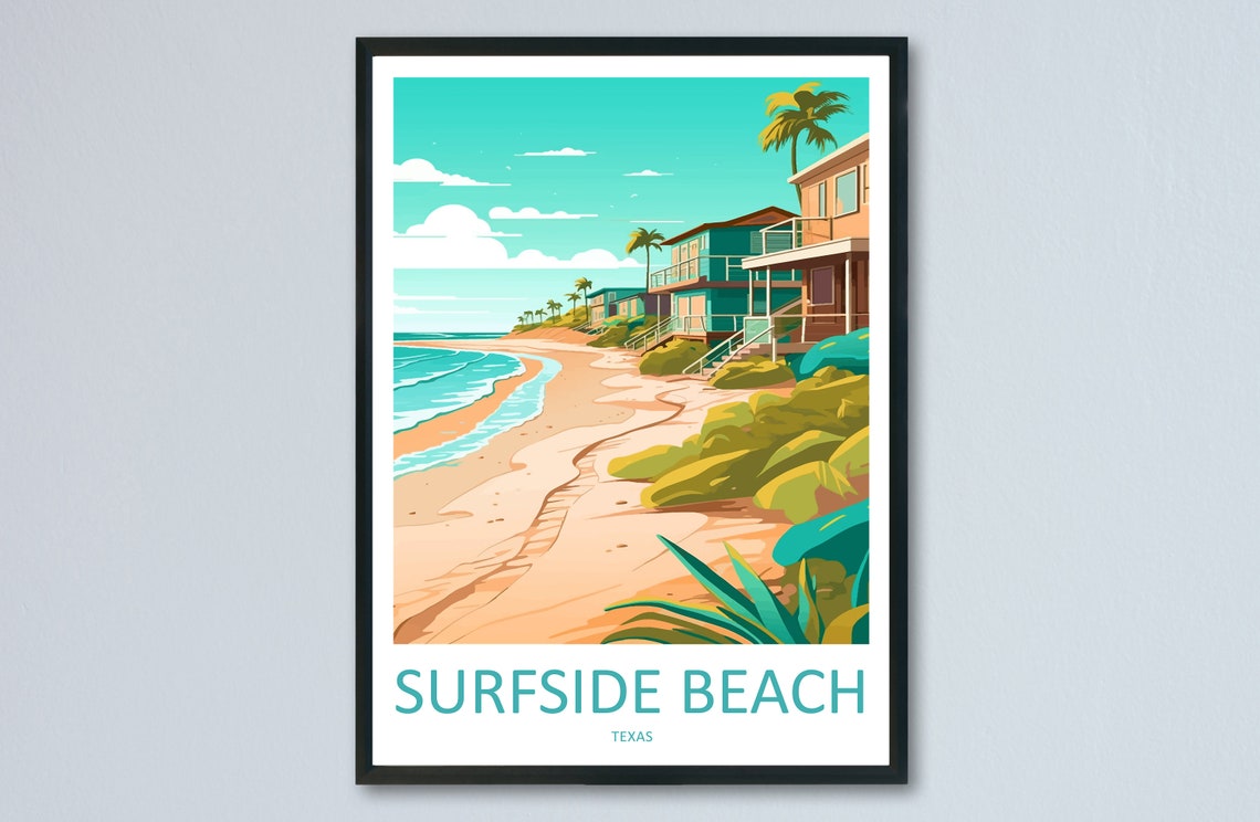 Surfside Beach Texas Colorful Beachfront Homes Sunny Travel Poster