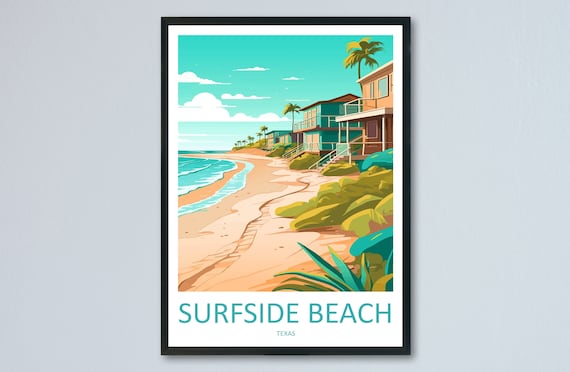 Surfside Beach Texas Colorful Beachfront Homes Sunny Travel Poster