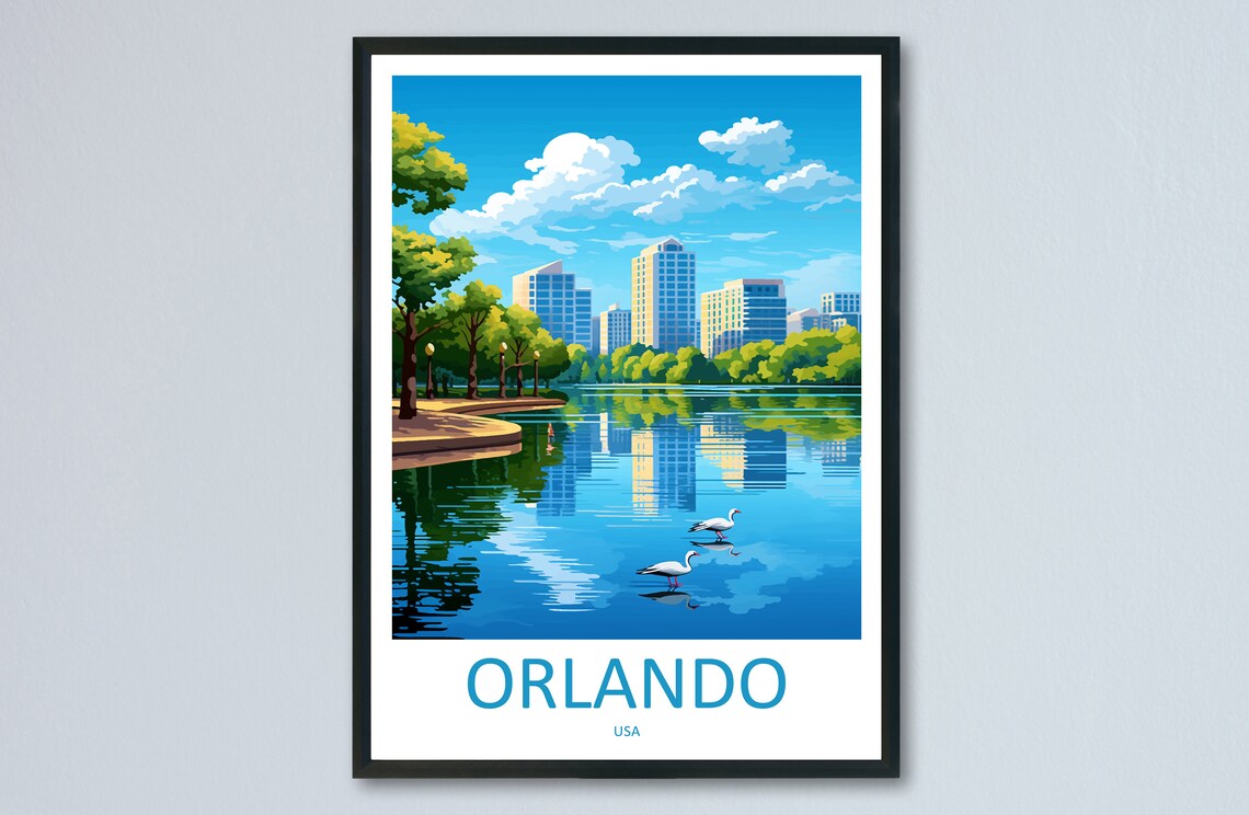 Orlando Florida Lake with Swans Downtown Skyline Travel Poster