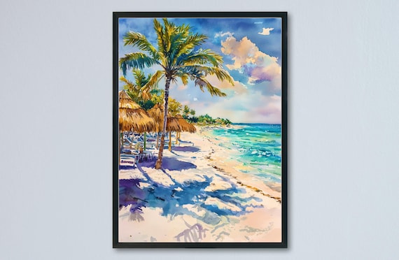 Cancun Watercolor Travel Poster, Mexico Beach Scene