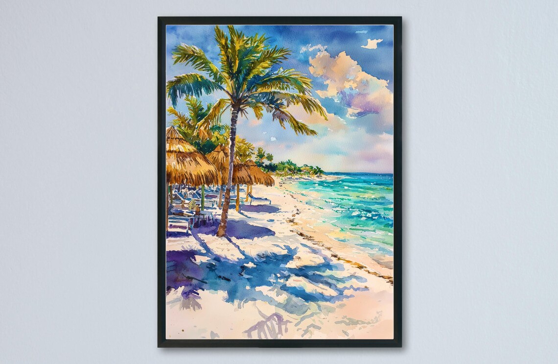 Cancun Watercolor Travel Poster, Mexico Beach Scene