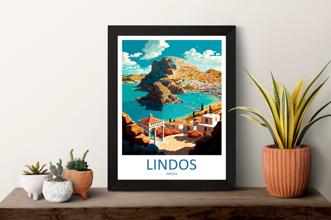 Lindos Greece Aegean Cliff Village Bay Retro Travel Art Poster - Image 3