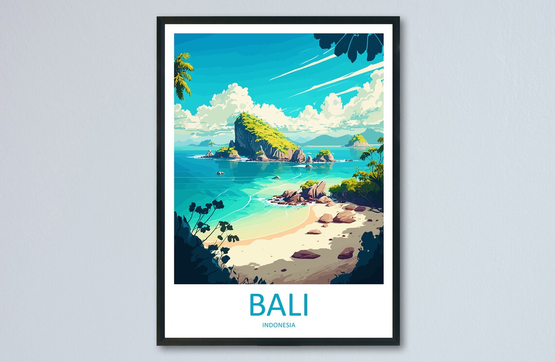 Bali Indonesia Tropical Island Cove Illustrated Travel Poster