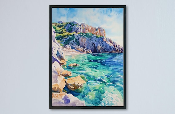 Hidden Rocky Cove Turquoise Cliffs Crystal Water Watercolor Poster