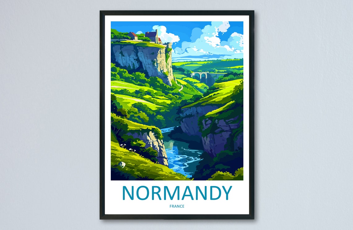 Normandy France Travel Poster Dramatic Cliffs River Valley View