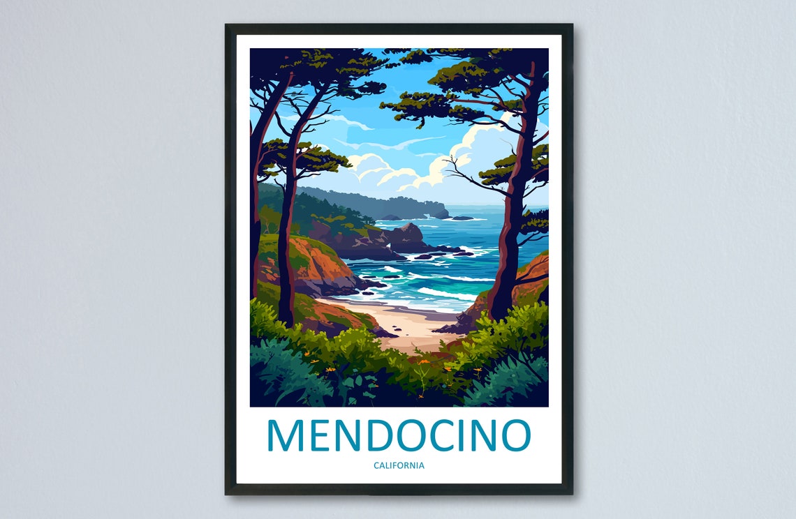 Mendocino California Pine Framed Ocean Cove Turquoise Surf Poster