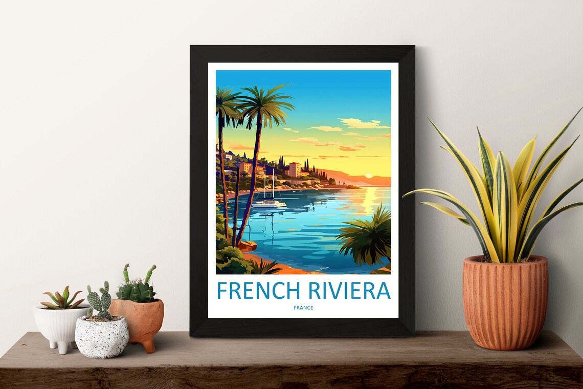 French Riviera France Sunset Bay Palm Trees Coastal Town Travel Poster - Image 3