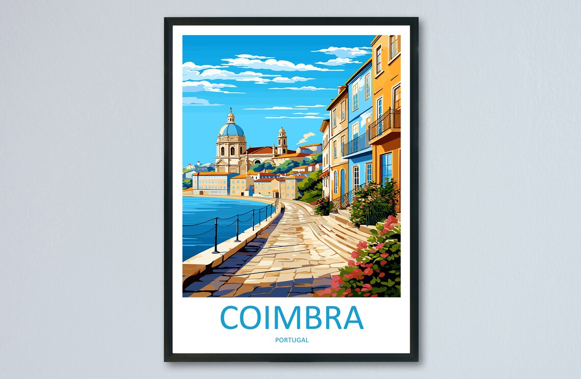 Coimbra Portugal Riverside Promenade Skyline Scene Travel Poster