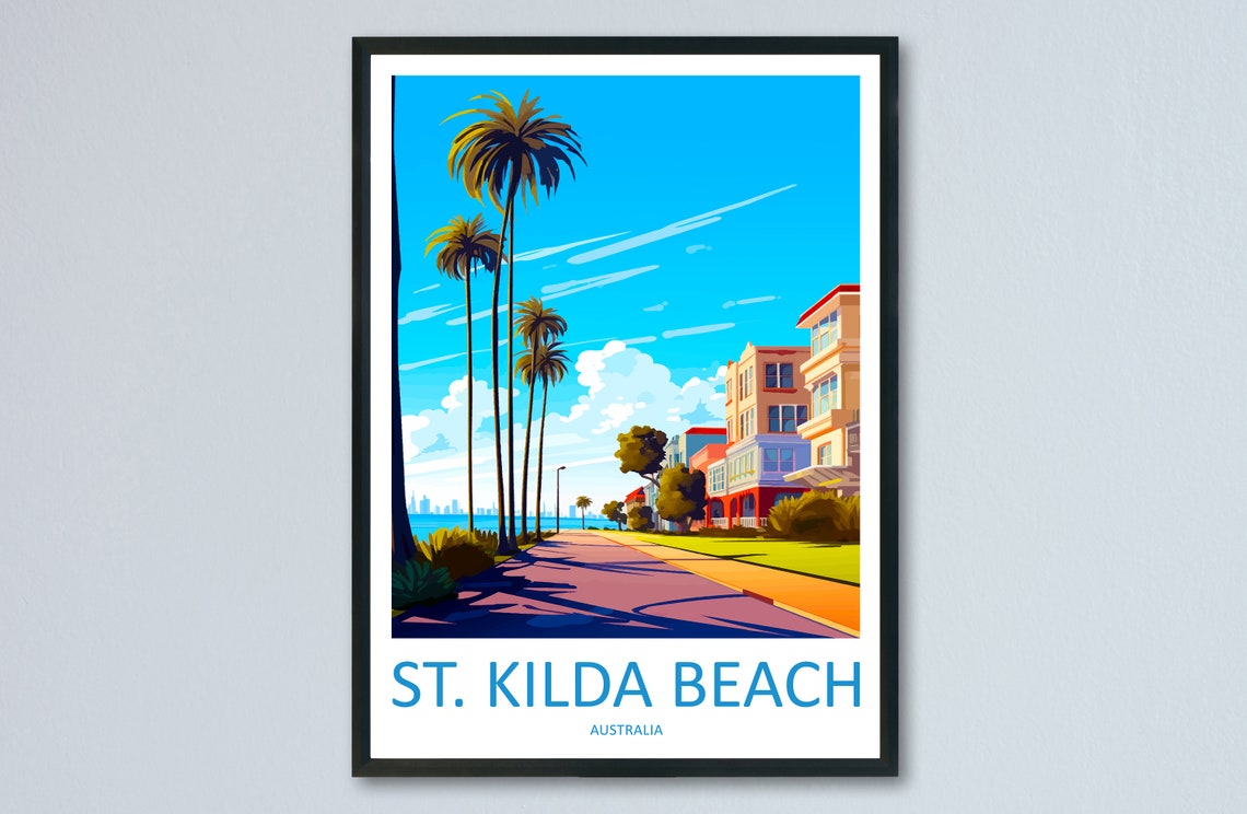 St Kilda Beach Australia Palm Tree Promenade Scene Travel Poster