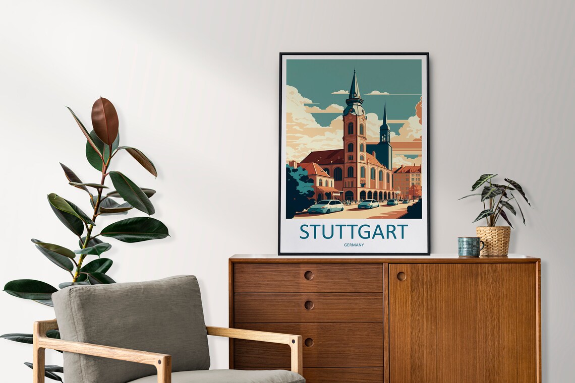 Stuttgart Germany Old Town Church Retro Travel Illustration Poster - Image 2