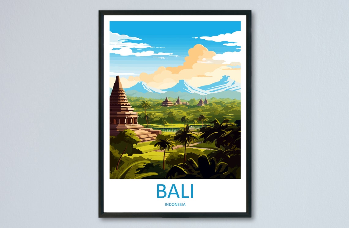 Bali Indonesia Ancient Temples Volcano Lush Palm Jungle Poster