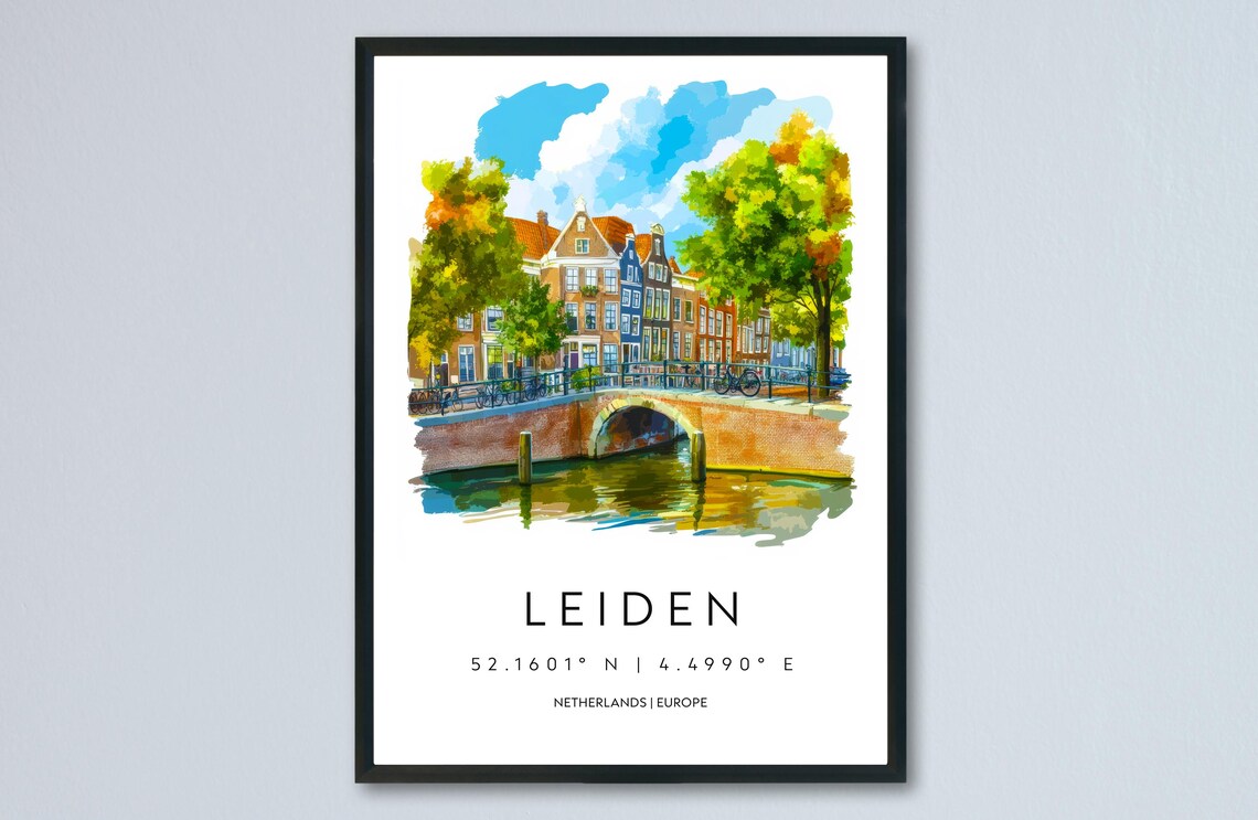 Leiden Netherlands Canal Bridge Brick Houses Watercolor Travel Poster