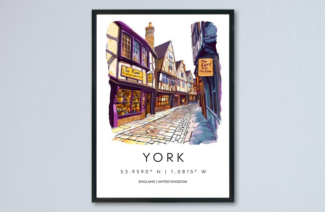 York The Shambles Cobbled Street Medieval Tea Rooms Watercolor Poster