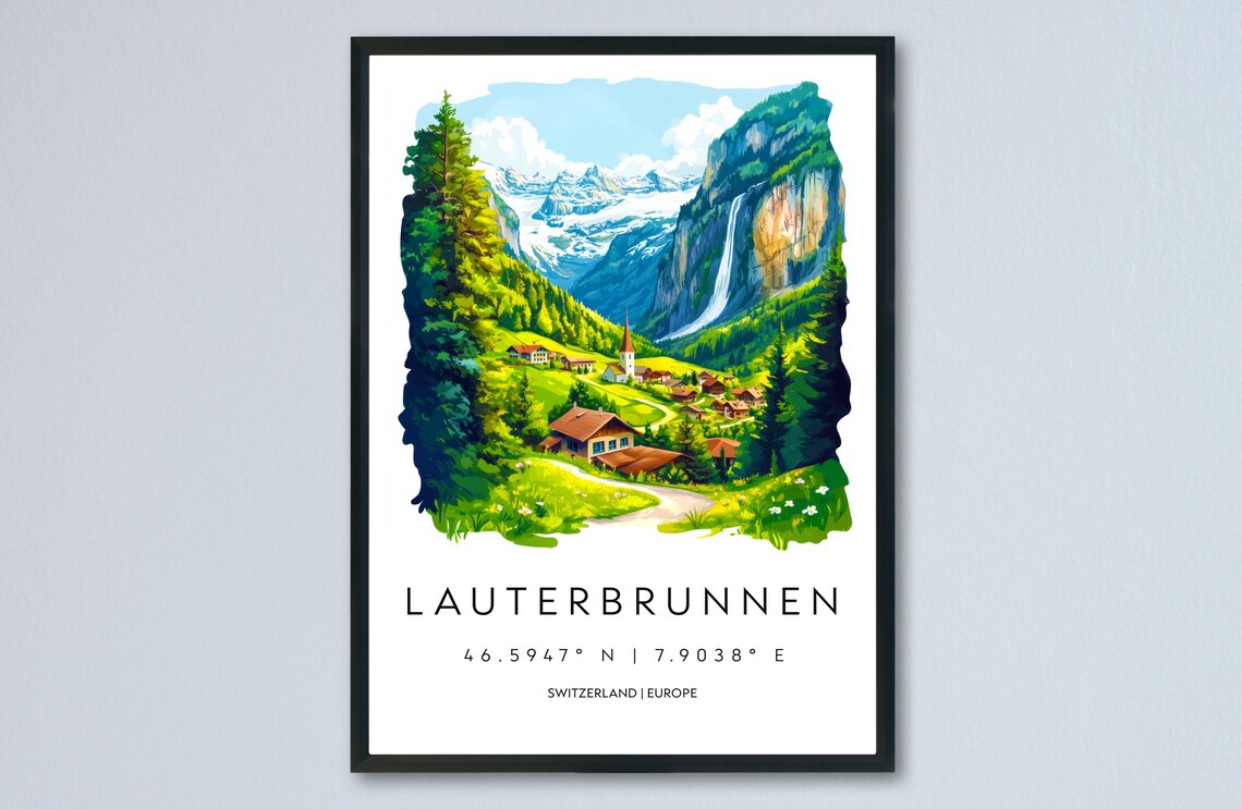 Lauterbrunnen Switzerland Valley Falls Watercolor Alpine Poster