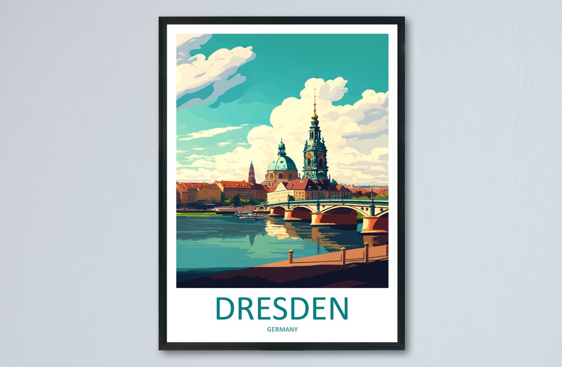 Dresden Germany Elbe Riverside Cathedral Skyline Sunny Art Poster