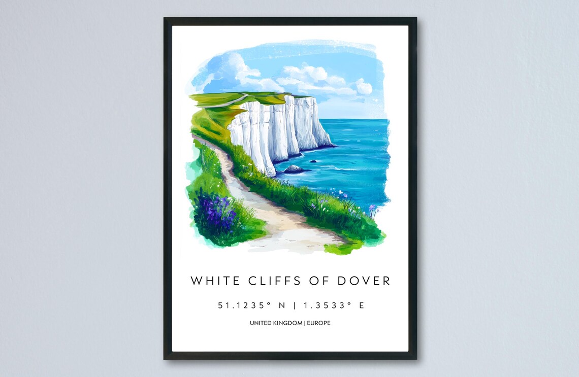 White Cliffs of Dover England Coastal Watercolor Travel Poster