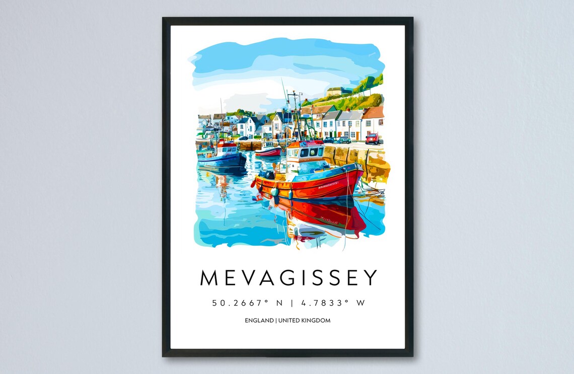 Mevagissey England Fishing Harbor Boats Watercolor Travel Poster