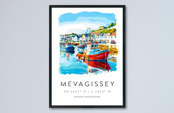 Mevagissey England Fishing Harbor Boats Watercolor Travel Poster